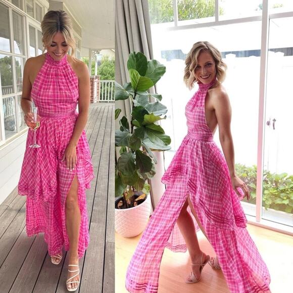 Aje Bungalow Sienna Gingham Halter Neck Maxi Dress Gown Pink AU Size 6 US Size 2 - Picture 2 of 13